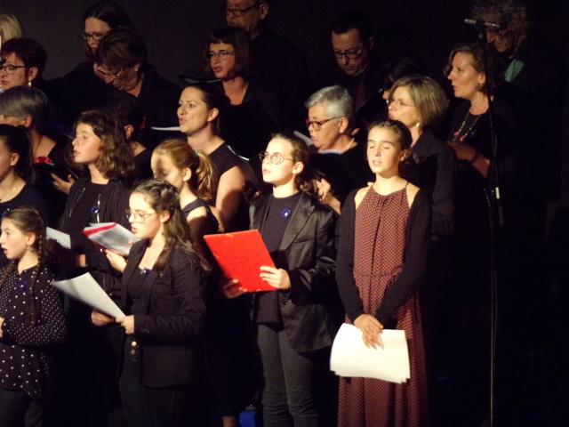 Les élèves du collège et la chorale de Gimont arborant le Bleuet de France