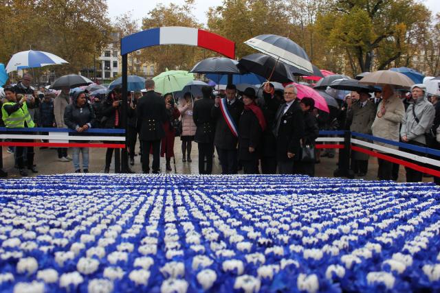 Les élèves apportant des Bleuets pour former un champ de fleurs